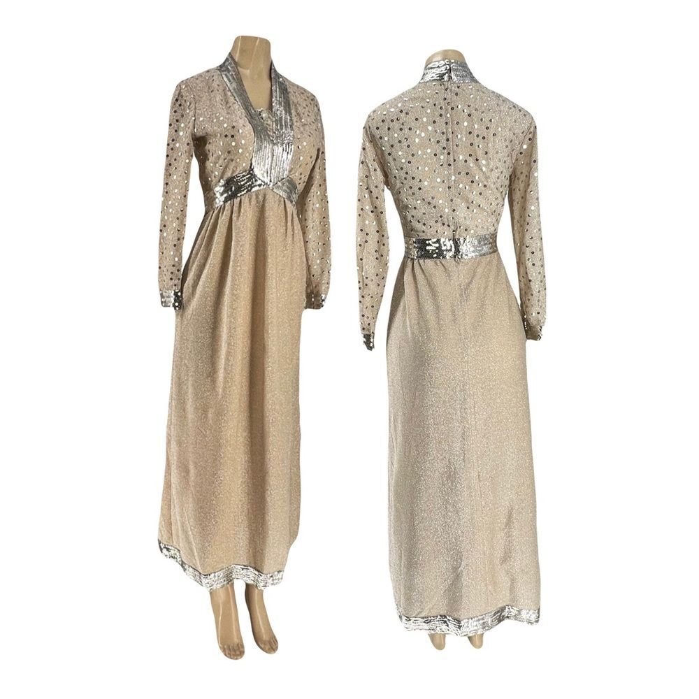 Vintage 1950’s Victor Costa I. Magnin Gold Metallic Gown Lurex Sheath Sequin S/M